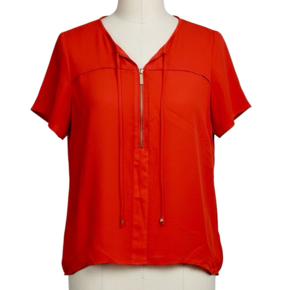 Michael Kors Zip Front Blouse Top Womens 8 Red Orange Hi Low Hem Short Sleeve